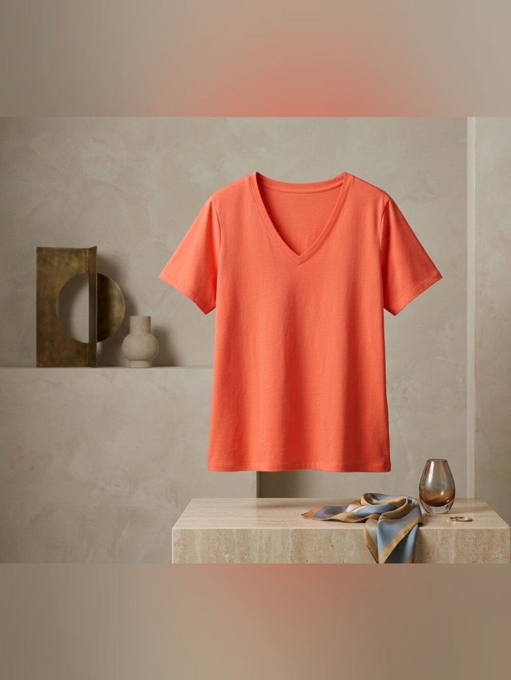 Terra & Sky Coral V-Neck Short Sleeve Tee - Orange